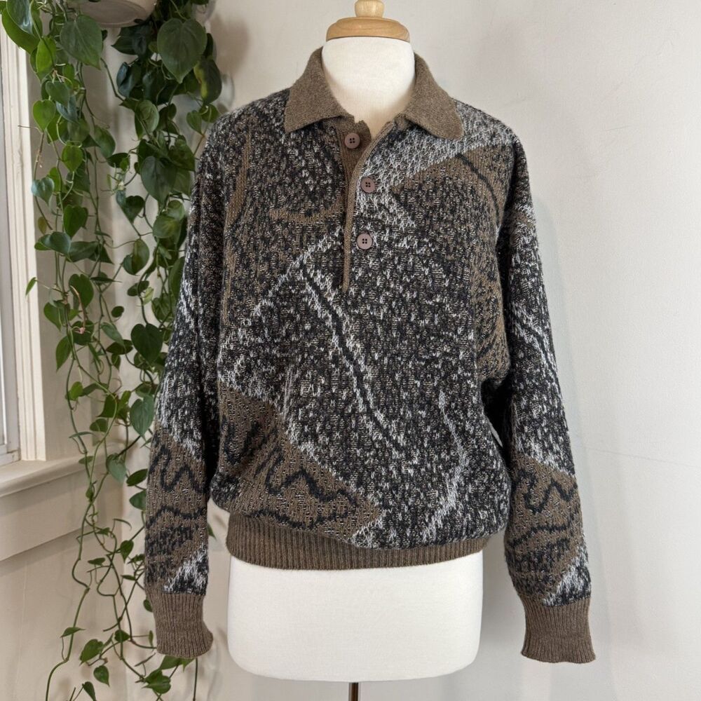 Vintage Made in Italy Wool Blend Abstract Knit Collared Polo Grandpa Sweater